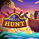 Eğlenceli bir temada, korsan bayrağı taşıyan ahşap bir gemi, renkli su üzerinde ilerlerken top ateşi ediyor; yanında Pirate Hunt yazısı