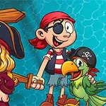 Bir kadın ve erkek çocuk korsan kostümleri içinde, ahşap kılıçlar tutuyorlar ve yanlarında papağan var