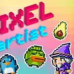 Piksel sanatı tarzında bir arka plan üzerinde köpek, şövalye, penguen, ördek, sihirbaz figürleri ve PIXEL artist metni