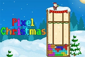 Santa şapkalı bir figür, karla kaplı bir platformda duruyor, arka planda ağaçlar ve üzerinde Pixel Christmas yazısı var