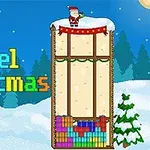 Santa şapkalı bir figür, karla kaplı bir platformda duruyor, arka planda ağaçlar ve üzerinde Pixel Christmas yazısı var