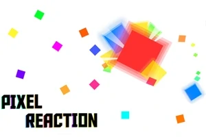 Farklı renklerde karelerden oluşan bir düzenleme ve sol altta Pixel Reaction yazısı