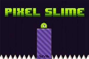 Yeşil PIXEL SLIME yazısı, mor bir platformun üzerindeki yeşil tek gözlü yaratık ve platformun altında beyaz sivri dikenler