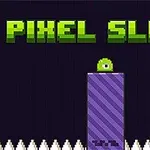 Yeşil PIXEL SLIME yazısı, mor bir platformun üzerindeki yeşil tek gözlü yaratık ve platformun altında beyaz sivri dikenler