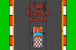 Piksel grafiklerle renkli bir yarış arabası yol alıyor, üstünde Pixel Traffic Racer yazıyor