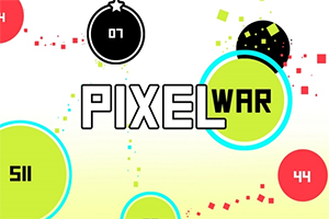 Renkli daireler ve Pixel War metni içeren soyut bir grafik tasarım