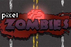 Koyu arka plan üzerinde Pixel Zombies yazısı ve kırmızı beyin grafiği