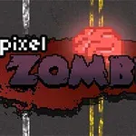 Koyu arka plan üzerinde Pixel Zombies yazısı ve kırmızı beyin grafiği