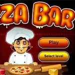 Pizza Bar başlığı altında şef kıyafetli bir karakterin pizza ve mutfak malzemeleriyle ön planda olduğu çizim
