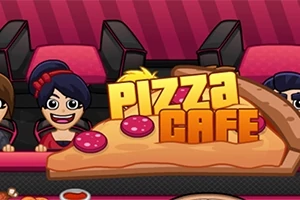 Büyük bir pizza dilimi şeklinde Pizza Cafe yazısı önünde oturan çizgi karakterler