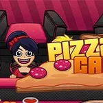 Büyük bir pizza dilimi şeklinde Pizza Cafe yazısı önünde oturan çizgi karakterler