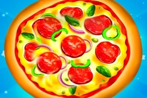 Yuvarlak bir pizza, üzerinde sucuk, yeşil biber, kırmızı soğan ve fesleğen yaprakları ile gösteriliyor