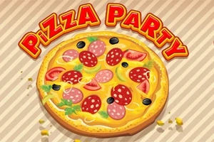 Pizza Party yazısının altında malzemelerle süslenmiş bir pizza