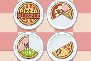 Dört adet tabakta bulunan, farklı dilimlenmiş pizzalar ve Pizza Puzzle yazısı