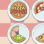 Dört adet tabakta bulunan, farklı dilimlenmiş pizzalar ve Pizza Puzzle yazısı