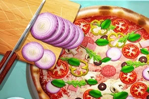 Bir pizza üzerine dilimlenmiş domates, biber, zeytin, mantar ve fesleğen yaprakları serpilmiş, yanında kesme tahtası üzerinde dilimlenmiş mor soğanlar ve bir bıçak