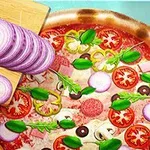 Bir pizza üzerine dilimlenmiş domates, biber, zeytin, mantar ve fesleğen yaprakları serpilmiş, yanında kesme tahtası üzerinde dilimlenmiş mor soğanlar ve bir bıçak