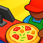 Bir çalışan kırmızı şapka ve mavi gömlek giyerek, kasada bir pizza tutuyor; yanında para simgeli bir kasa bulunuyor