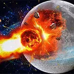 Ayın yüzeyine çarpan büyük bir meteor, etrafa ateş ve parçalar saçarak patlıyor