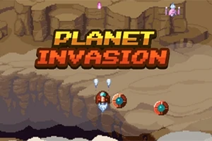 Çöl benzeri bir arka planda Planet Invasion yazısı ve uzay araçları yer alıyor