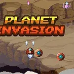 Çöl benzeri bir arka planda Planet Invasion yazısı ve uzay araçları yer alıyor