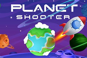 Roket ve gezegenlerle dolu uzay temalı bir arka plan üzerinde Planet Shooter yazısı