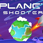 Roket ve gezegenlerle dolu uzay temalı bir arka plan üzerinde Planet Shooter yazısı