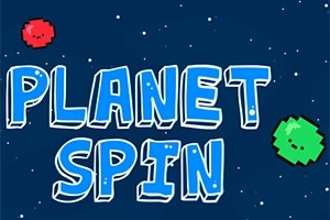 Mavi arka plan üzerinde Planet Spin yazısı ve iki sevimli, renkli gezegen