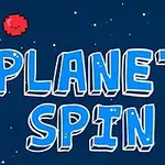 Mavi arka plan üzerinde Planet Spin yazısı ve iki sevimli, renkli gezegen