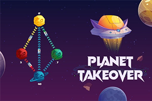 Uzay temalı bir arka plan üzerinde dört renkli gezegen, bu gezegenler arasında oklar ve sağ üstte bir uzay aracı bulunuyor; yanında Planet Takeover yazısı yer alıyor