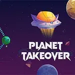 Uzay temalı bir arka plan üzerinde dört renkli gezegen, bu gezegenler arasında oklar ve sağ üstte bir uzay aracı bulunuyor; yanında Planet Takeover yazısı yer alıyor