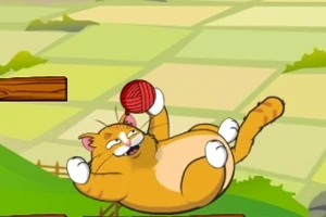 Tarlada sırtüstü yatan turuncu bir kedi kırmızı bir yumakla oynuyor