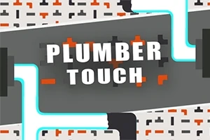 Gri bir arka plan üzerine beyaz ve turuncu bloklarla yazılmış Plumber Touch metni