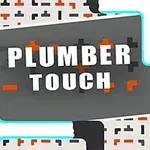Gri bir arka plan üzerine beyaz ve turuncu bloklarla yazılmış Plumber Touch metni