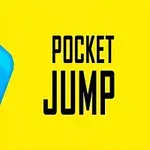 Sarı bir arka plan üzerinde mavi, sevimli yüz ifadeli bir kare ve yanında POCKET JUMP yazısı