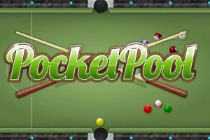 Bilardo masası üzerinde bir oyun ismi grafiği, çeşitli bilardo topları ve iki ıstaka