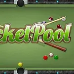Bilardo masası üzerinde bir oyun ismi grafiği, çeşitli bilardo topları ve iki ıstaka