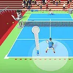 Mavi bir tenis kortunda iki oyuncunun maç yaptığı renkli bir stadyum sahnesi