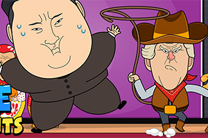 Karikatür tarzında iki karakter; biri kovboy şapkalı ve kement tutarken, diğeri siyah bir kıyafet içinde terliyor
