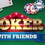 Yeşil bir zeminde iskambil kağıtları, poker fişleri ve POKER WITH FRIENDS yazısı bulunan renkli bir afiş