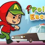 Kırmızı kapüşonlu ve yeşil şapkalı bir çizgi karakter, polis arabası önünde koşarken