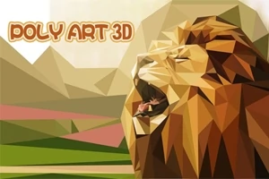 Alanın önünde geometrik şekillerle tasarlanmış aslan figürü, Poly Art 3D yazısıyla birlikte
