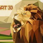 Alanın önünde geometrik şekillerle tasarlanmış aslan figürü, Poly Art 3D yazısıyla birlikte