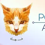 Düşük poligon stiliyle oluşturulmuş bir kedi kafası ve yanında POLY ART yazısı