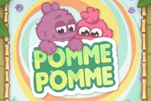 Mor ve pembe tüylü iki sevimli karakter, Pomme Pomme yazılı tabelaya yaslanmış şekilde duruyor