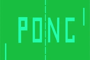 Pong Yeşil arka plan üzerinde büyük harflerle PONG yazısı ve ekranın iki yanında dikey çizgiler