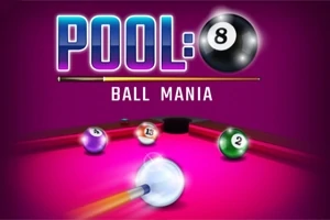 Mor bir arka planda Pool: 8 Ball Mania yazısı ve bilardo topları bulunan bir görsel