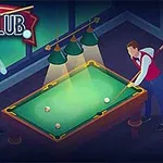 Bilardo masası etrafında iki kişi, biri istakoz sopasını tutarken diğeri oyuna odaklanmış şekilde