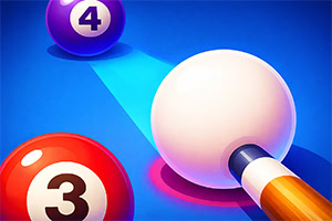 Mavi zemin üzerinde 3 ve 4 numaralı bilardo topları ve beyaz topa temas eden bilardo ıstakası
