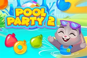 Sevimli bir hayvan karakteri havuzda yüzüyor, etrafında renkli su baloncukları ve Pool Party 2 yazısı bulunuyor